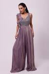 Buy_Onaya_Purple Organza Embroidery Sequin V Neck Bodice Jumpsuit _at_Aza_Fashions