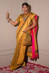 Buy_The Home Affair_Yellow Saree Chinon Handblock Floral Boat Print With Striped Blouse _at_Aza_Fashions