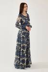 KoAi_Blue Chiffon Floral Print Button Down Dress_Online_at_Aza_Fashions