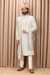 Buy_Ankit V Kapoor_Green Cotton Embroidery Thread Fahad Honeycomb Pattern Sherwani Set _at_Aza_Fashions