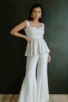 Buy_Mishru_White Georgette Notched Square Hand Embroidered Top With Flared Pant  _at_Aza_Fashions