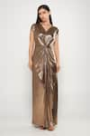 Buy_Cham Cham_Gold Stretch Knit Foil Solid V Neck Metallic Centre Draped Gown _at_Aza_Fashions