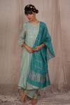 Buy_Pants and Pajamas_Blue Kurta Chanderi Mul Magnet Aqua Chikankari Pant And Dupatta - Set Of 3 _at_Aza_Fashions