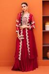 Buy_Kesar Studio_Red Silk Embroidery Floral Blouse V Neck And Jacket Open Border Skirt Set _at_Aza_Fashions