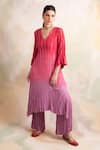 Buy_Palak & Mehak_Pink Rayon Crepe Striped V Neck Ombre Kurta And Pant Set _at_Aza_Fashions