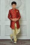 Buy_Petite Pomme_Red Jacquard Embroidery Floret Pattern Overlap Sherwani _at_Aza_Fashions