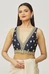 Samyukta Singhania_Blue Silk Embroidery Plunge Neck Flower Sleeveless Blouse _Online_at_Aza_Fashions
