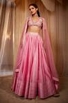 Buy_House of Exotique_Pink Net, Chanderi Embroidery V-neck Lehenga Set _at_Aza_Fashions