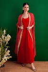 Buy_Palak & Mehak_Red Crepe Print Bandhani Round Neck Cape With Dress _at_Aza_Fashions