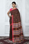 Buy_Samyukta Singhania_Brown Pure Cotton Woven Geometric And Striped Pattern Saree _at_Aza_Fashions