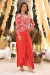 Buy_Chhavvi Aggarwal_Red Crepe Printed Floral V Neck Jacket And Draped Skirt Set _at_Aza_Fashions
