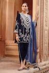 Buy_Ajiesh Oberoi_Blue Velvet Embroidered Dori V Neck Kurta Dhoti Pant Set _at_Aza_Fashions