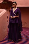 Buy_Deep Thee_Purple Chanderi Embroidery Phool Guccha V Neck Short Peplum Angrakha Set _at_Aza_Fashions