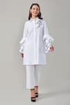 Buy_Ek Dhaaga_White Poplin Embellished Leaf Shirt Collar Bell Sleeve Long  _at_Aza_Fashions