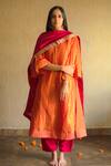 Buy_Shorshe Clothing_Orange Handloom Tissue Kurta And Silk Pant Set_at_Aza_Fashions