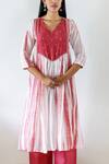 Cupid Cotton_Red Silk Cotton Embroidery Cutdana V Neck Yoke Kurta And Flared Pant Set _Online_at_Aza_Fashions