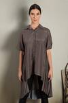 Buy_Chillosophy_Grey Cotton Silk Spread Collar Pleated Tunic  _at_Aza_Fashions