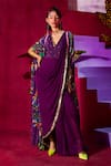 Limerick by Abirr N' Nanki_Purple Crepe Floral V Neck Maliha Saree Gown With Cape _Online_at_Aza_Fashions