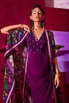 Buy_Limerick by Abirr N' Nanki_Purple Crepe Floral V Neck Maliha Saree Gown With Cape _Online_at_Aza_Fashions