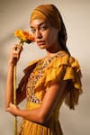 Nikita Mhaisalkar_Yellow Chanderi Embroidery Keyhole Neck Yoke Embellished Dress With Belt _Online_at_Aza_Fashions