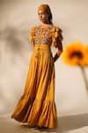 Nikita Mhaisalkar_Yellow Chanderi Embroidery Keyhole Neck Yoke Embellished Dress With Belt _at_Aza_Fashions