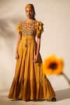 Buy_Nikita Mhaisalkar_Yellow Chanderi Embroidery Keyhole Neck Yoke Embellished Dress With Belt 