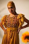 Shop_Nikita Mhaisalkar_Yellow Chanderi Embroidery Keyhole Neck Yoke Embellished Dress With Belt 