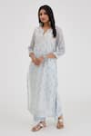 Buy_Kora_Blue Cotton Lace, Mirrors, Gota Patti, Ikat Hand Block Print Kurta Set _Online_at_Aza_Fashions