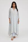 Kora Blue Cotton, Chanderi Embroidery, Lace Hand Block Asymmetric Printed Kurta Set Online at Aza Fashions Kora_Blue Cotton, Chanderi Embroidery, Lace Hand Block Asymmetric Printed Kurta Set _Online_at_Aza_Fashions