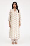 KORA_Pink Kurta Silk Chanderi Hand Block Print Floral V Neck Flower Set _Online_at_Aza_Fashions