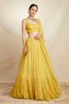 Astha Narang_Yellow Organza Embroidered Thread Scoop Neck Bridal Lehenga Set  _Online_at_Aza_Fashions