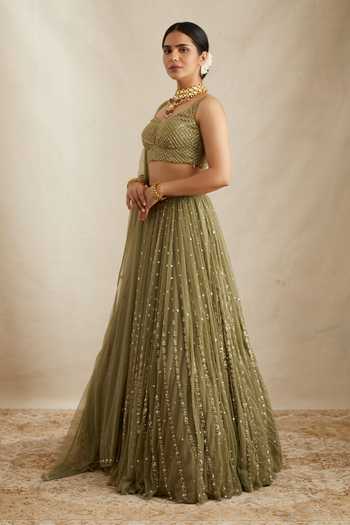 Buy_ASTHA NARANG_Green Net, Crepe, Nylon Embroidery, Sequins V-neck Botanic Bridal Lehenga Set _Online_at_Aza_Fashions
