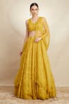 Buy_Astha Narang_Yellow Organza Embroidered Floral V Neck Bridal Lehenga Set _at_Aza_Fashions