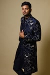 Shop_Hilo Design_Blue Dupion Silk Embroidered Animal Sherwani Set _at_Aza_Fashions