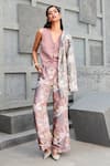 Shop_Ranian_Pink Silk Satin Print Vintage Floral Lapel Collar Blazer And Pant Set _Online_at_Aza_Fashions