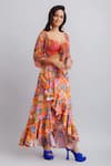 Nautanky_Orange Crop Top Viscose Chiffon Printed Floral Ruffle Skirt Set _Online_at_Aza_Fashions