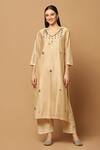 Two Sisters By Gyans_Beige Cotton, Chanderi Embroidery V-neck Kurta Set _Online_at_Aza_Fashions