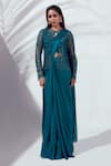 Buy_suruchi parakh_Blue Satin Silk And Net Lining Shantoon Jacket & Pre-draped Saree Set_at_Aza_Fashions