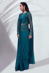 Buy_suruchi parakh_Blue Satin Silk And Net Lining Shantoon Jacket & Pre-draped Saree Set_Online_at_Aza_Fashions