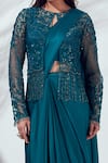 suruchi parakh_Blue Satin Silk And Net Lining Shantoon Jacket & Pre-draped Saree Set_at_Aza_Fashions