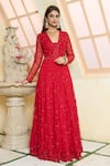 Buy_Aariyana Couture_Red Anarkali And Dupatta Butterfly Net & Churidar Modal Satin Set  _Online_at_Aza_Fashions