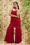 Buy_Aariyana Couture_Red Kurta And Sharara- Viscose Georgette Embroidered Sequin Scoop Checkered Set _Online_at_Aza_Fashions