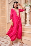 Buy_Aariyana Couture_Pink Cotton Silk Embroidered Floral Mandarin Collar Cowl Draped Tunic Dress _Online_at_Aza_Fashions