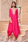 Shop_Aariyana Couture_Pink Cotton Silk Embroidered Floral Mandarin Collar Cowl Draped Tunic Dress _Online_at_Aza_Fashions