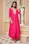 Buy_Aariyana Couture_Pink Cotton Silk Embroidered Floral Mandarin Collar Cowl Draped Tunic Dress _at_Aza_Fashions