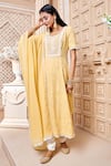 Shop_Aariyana Couture_Yellow Modal, Satin, Chiffon Embroidery, Tassels Round Neck Jaal Kurta Set_Online_at_Aza_Fashions