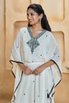 Shop_Aariyana Couture_Off White Kaftan- Viscose Georgette Embroidered Thread And Sequins V Geometric _at_Aza_Fashions