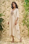 Aariyana Couture_Off White Kaftan-cotton Silk Embroidered Pearl V Neck Thread And Work Kaftan _Online_at_Aza_Fashions