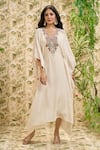 Buy_Aariyana Couture_Off White Kaftan-cotton Silk Embroidered Pearl V Neck Thread And Work Kaftan _Online_at_Aza_Fashions