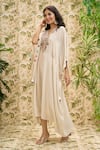 Shop_Aariyana Couture_Off White Kaftan-cotton Silk Embroidered Pearl V Neck Thread And Work Kaftan 